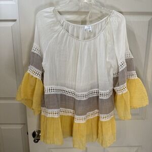 Kaktus Women's Tiered Top White Tan‎ Butter Yellow S Eyelet Bell Sleeves